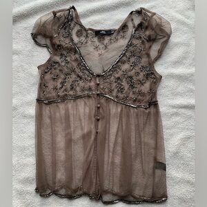 BKE Brown Sheer Embellished Blouse